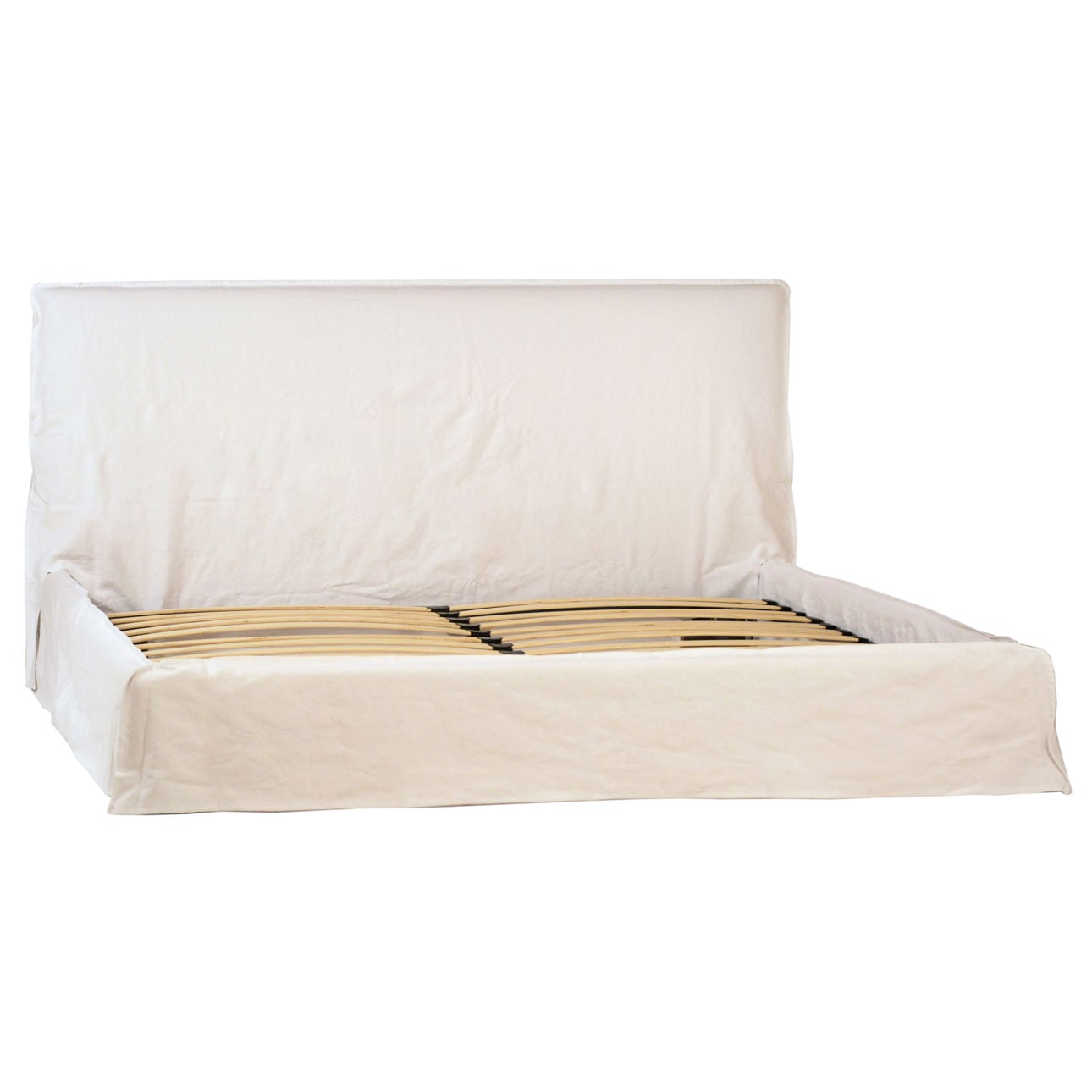 Natural White Linen Upholstered Slipcover and Birch Wood Frame Bed 67 in Wide