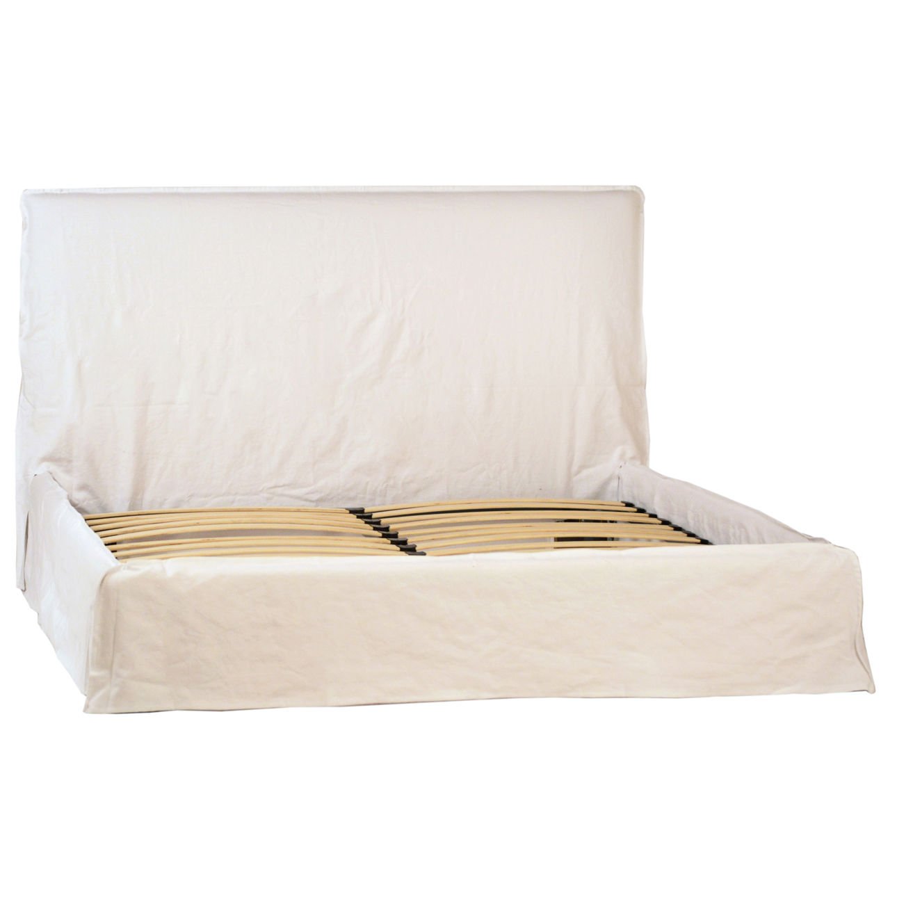 Natural White Linen Upholstered Slipcover and Birch Wood Frame Bed 67 in Wide