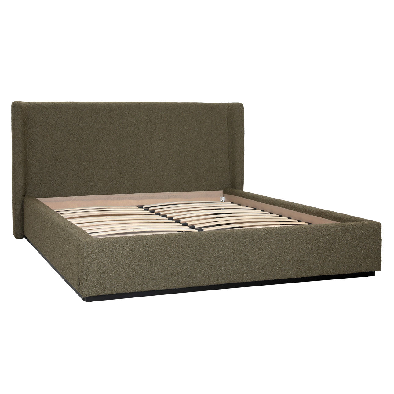 Olive Boucle Upholstery and Birch Wood Frame Bed 73 in Wide