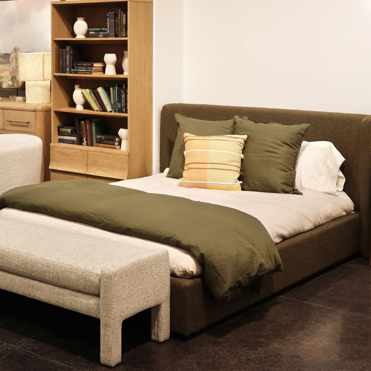 Olive Boucle Upholstery and Birch Wood Frame Bed 73 in Wide