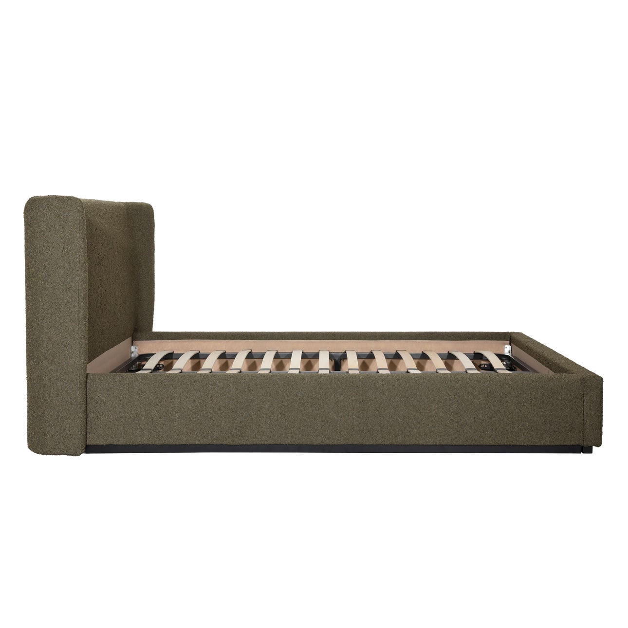Olive Boucle Upholstery and Birch Wood Frame Bed 73 in Wide