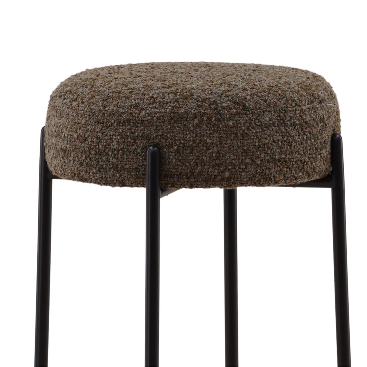 Moss Green and Black Multi-Tone Boucle Fabric and Iron Stool 18 in Wide