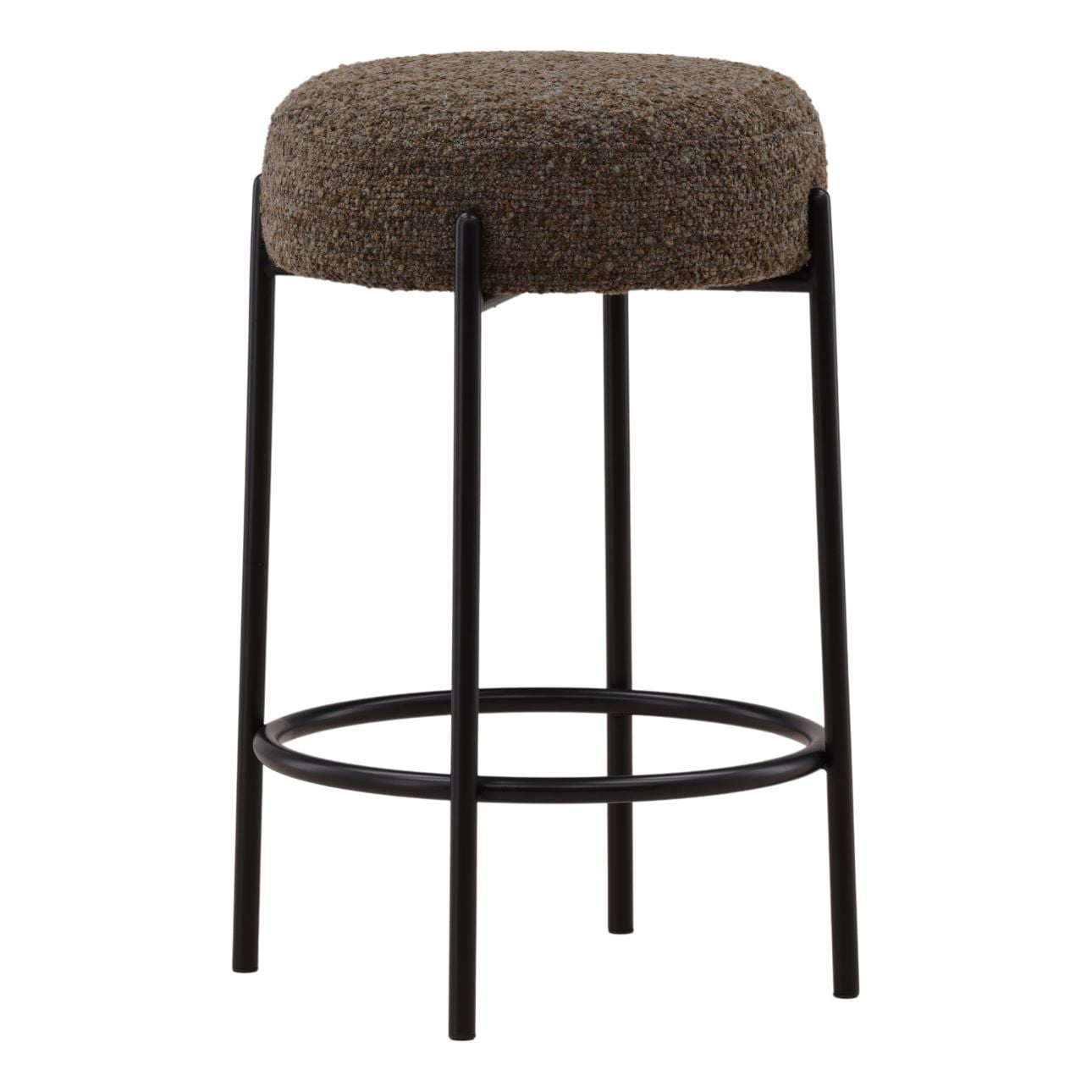 Moss Green and Black Multi-Tone Boucle Fabric and Iron Stool 18 in Wide