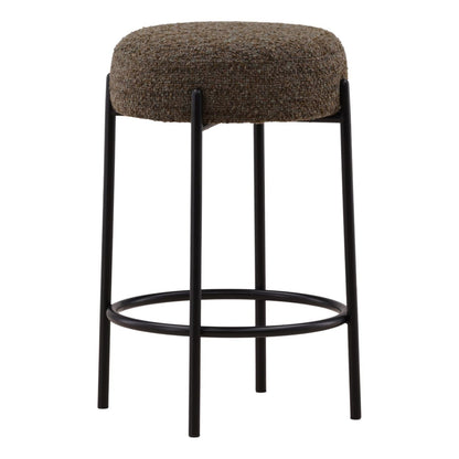 Moss Green and Black Multi-Tone Boucle Fabric and Iron Stool 18 in Wide