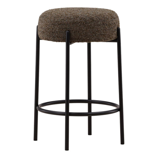 Moss Green and Black Multi-Tone Boucle Fabric and Iron Stool 18 in Wide