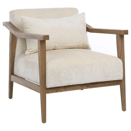 Cream Fabric and Natural Oak Wood Finish Poly Velvet Upholstery and Ash Wood Chair 28 in Wide