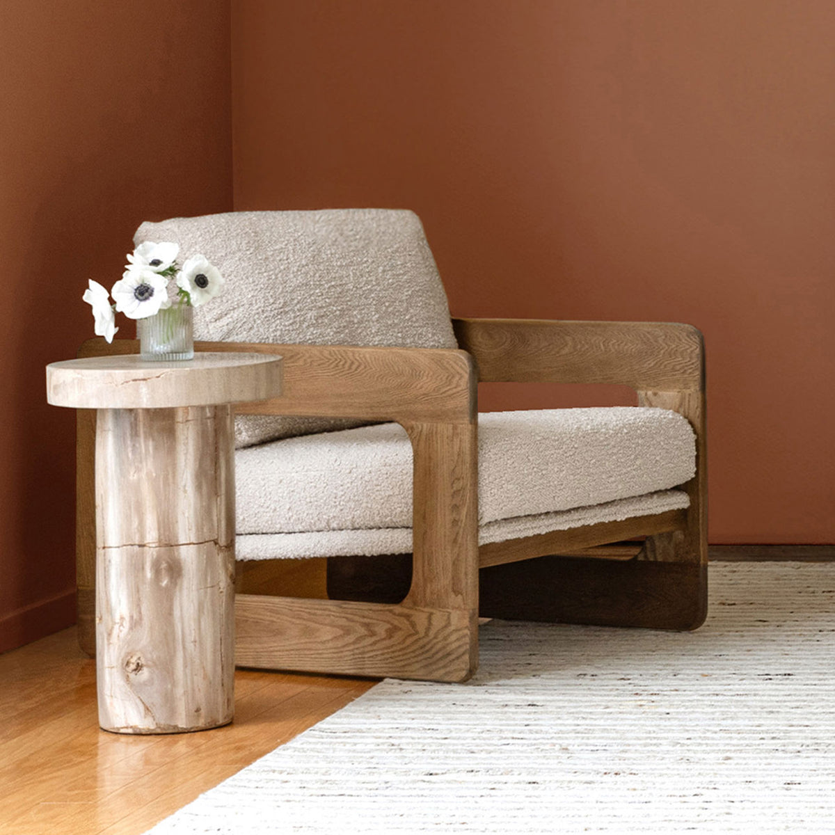 Artisan Boucle Fabric and Solid Ash Wood Home Accent