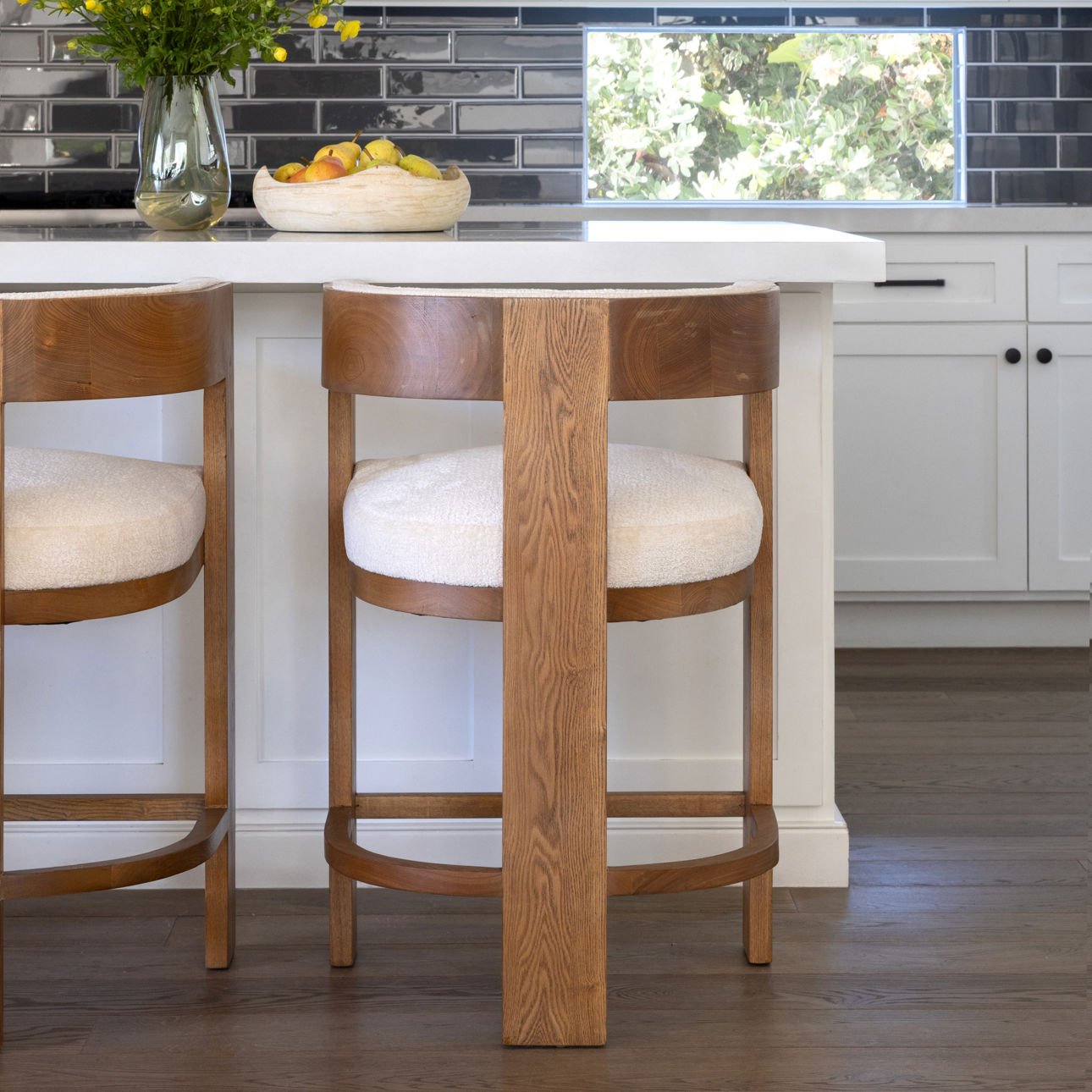 Cream and Natural Polyester Fabric and Solid Ash Wood Stool 22.5 in Wide