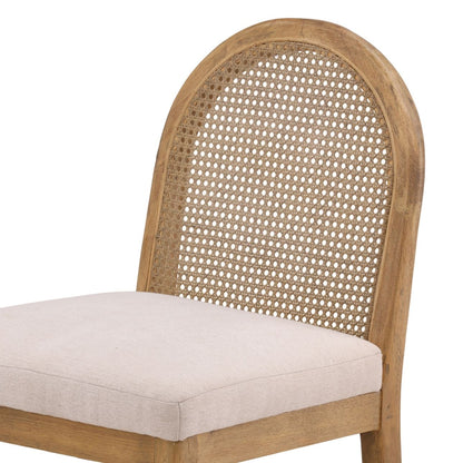 Oatmeal and Natural Polyester Linen Fabric, Rubber Wood and Cane Stool 19.5 in Wide