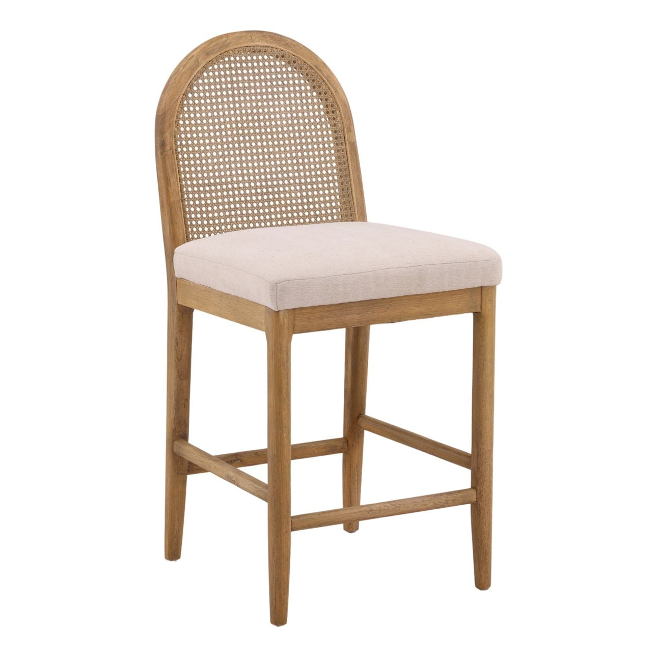 Oatmeal and Natural Polyester Linen Fabric, Rubber Wood and Cane Stool 19.5 in Wide