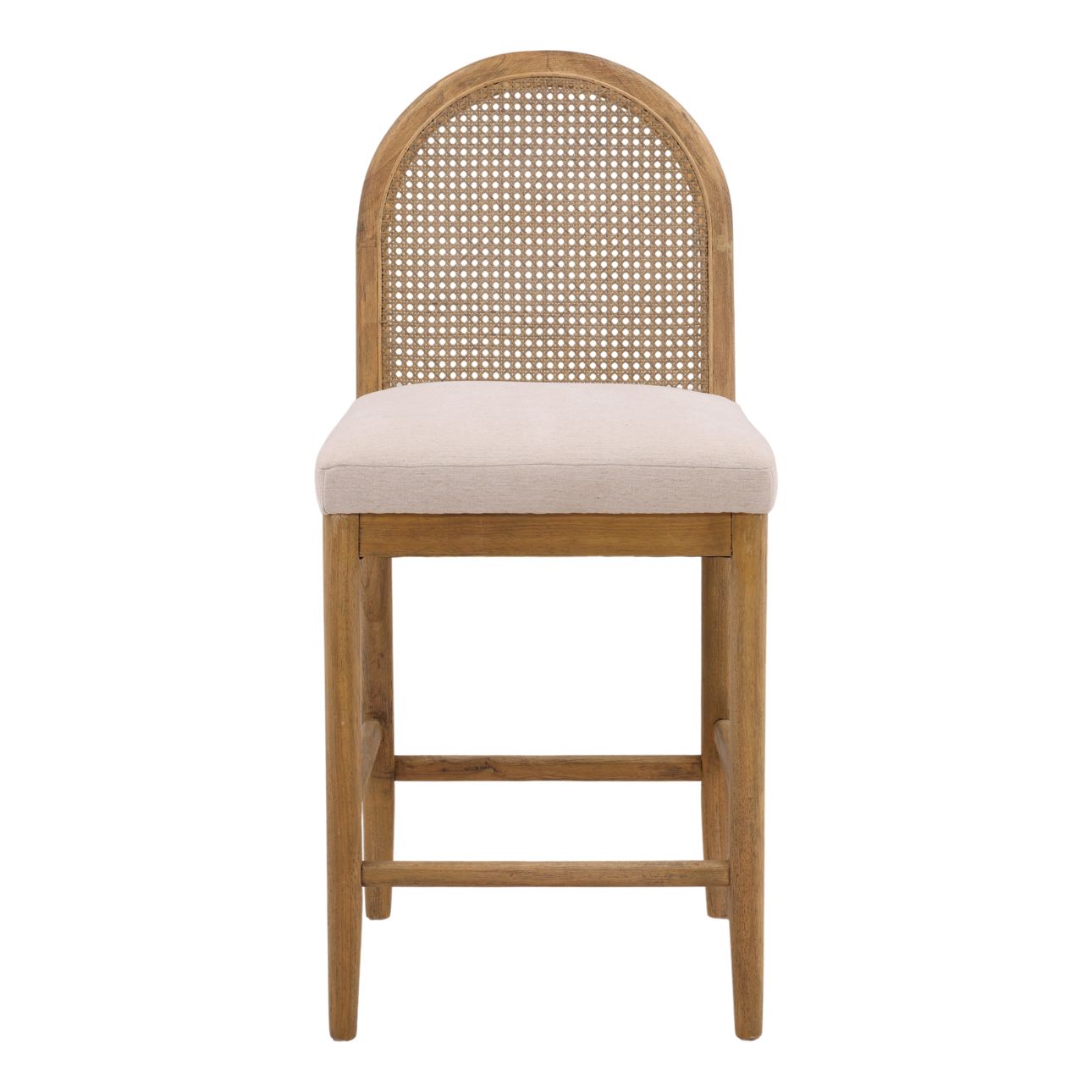 Oatmeal and Natural Polyester Linen Fabric, Rubber Wood and Cane Stool 19.5 in Wide