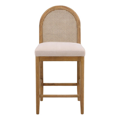 Oatmeal and Natural Polyester Linen Fabric, Rubber Wood and Cane Stool 19.5 in Wide
