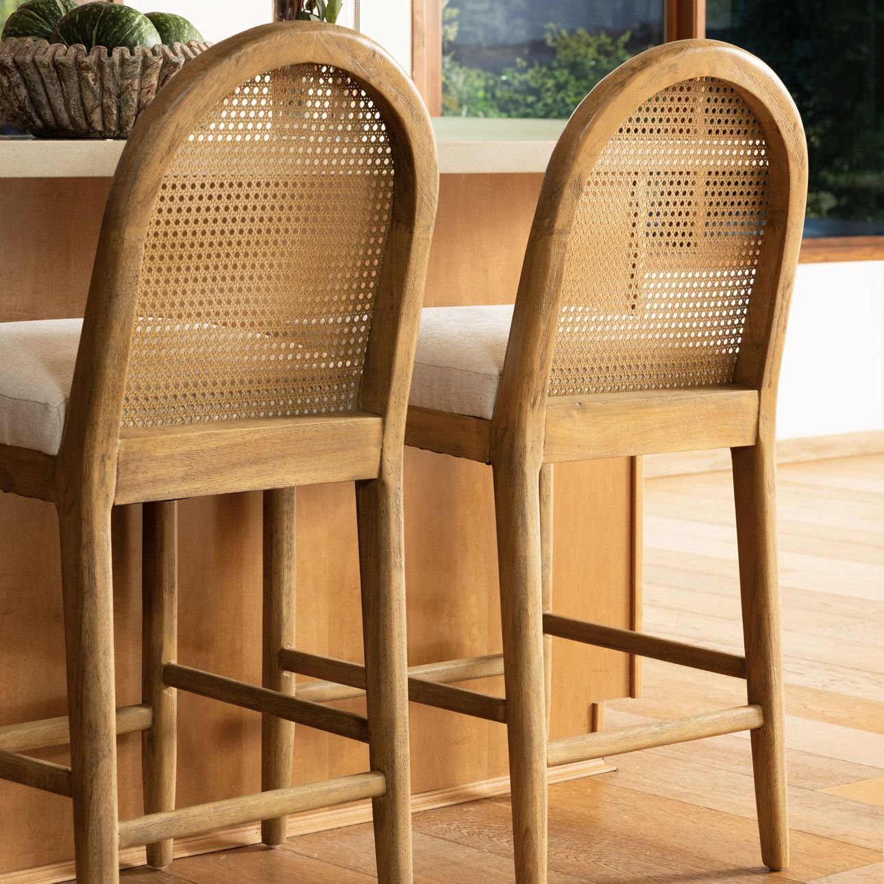 Oatmeal and Natural Polyester Linen Fabric, Rubber Wood and Cane Stool 19.5 in Wide