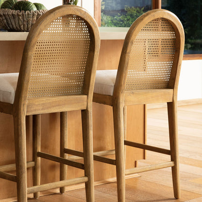 Oatmeal and Natural Polyester Linen Fabric, Rubber Wood and Cane Stool 19.5 in Wide
