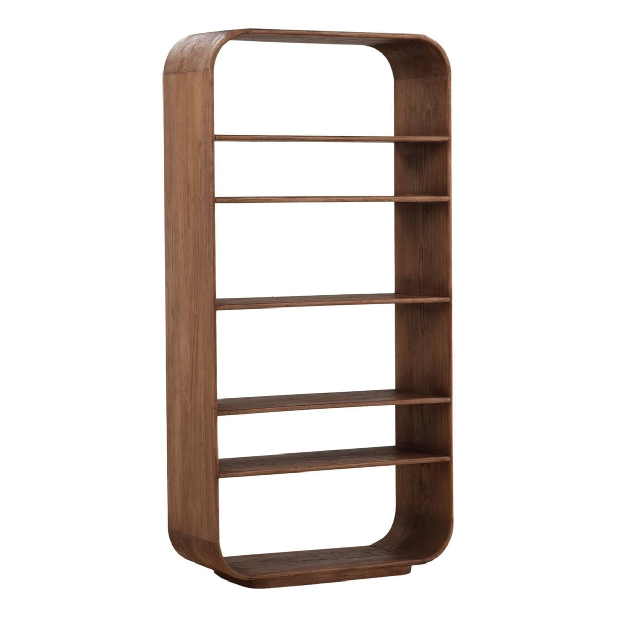 Cormoor tall mindi wood bookcase in brown finish, front view showing full height and shelf layout