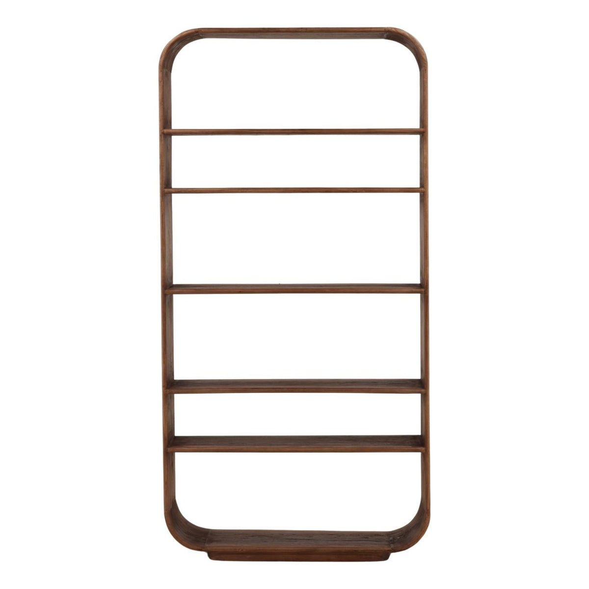 Cormoor bookcase by Dovetail Furniture — close-up of mindi wood grain and brown finish detail