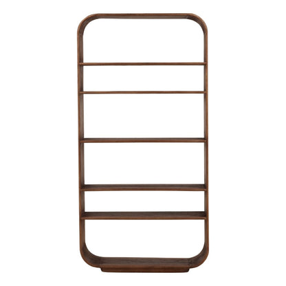 Cormoor bookcase by Dovetail Furniture — close-up of mindi wood grain and brown finish detail
