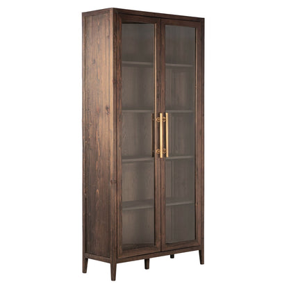 Dark Brown Stained and Sealed Finish Reclaimed Pine Wood and Glass Panel Doors Cabinet 43 in Wide