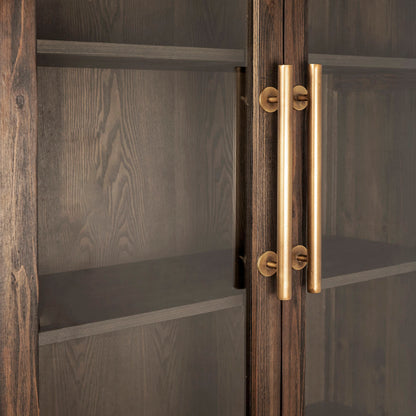Dark Brown Stained and Sealed Finish Reclaimed Pine Wood and Glass Panel Doors Cabinet 43 in Wide