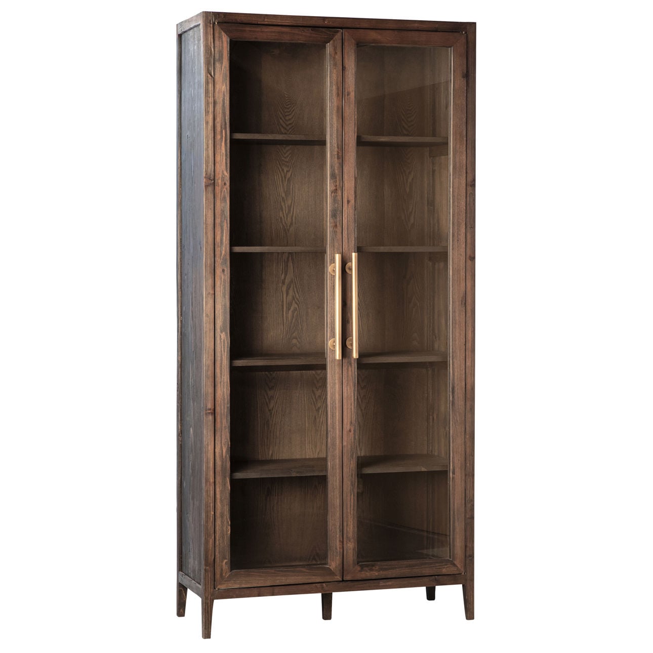 Dark Brown Stained and Sealed Finish Reclaimed Pine Wood and Glass Panel Doors Cabinet 43 in Wide