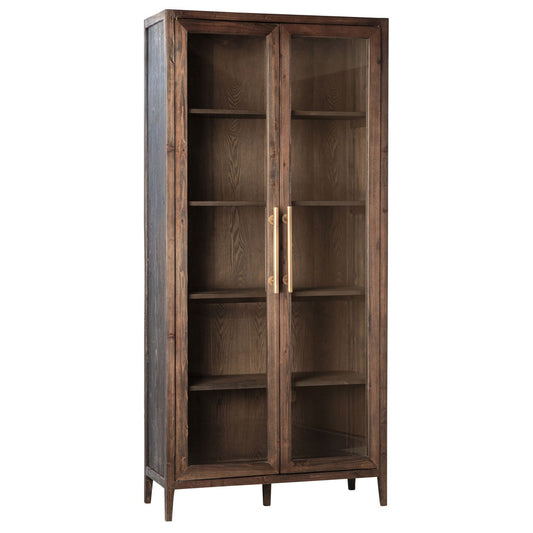 Dark Brown Stained and Sealed Finish Reclaimed Pine Wood and Glass Panel Doors Cabinet 43 in Wide