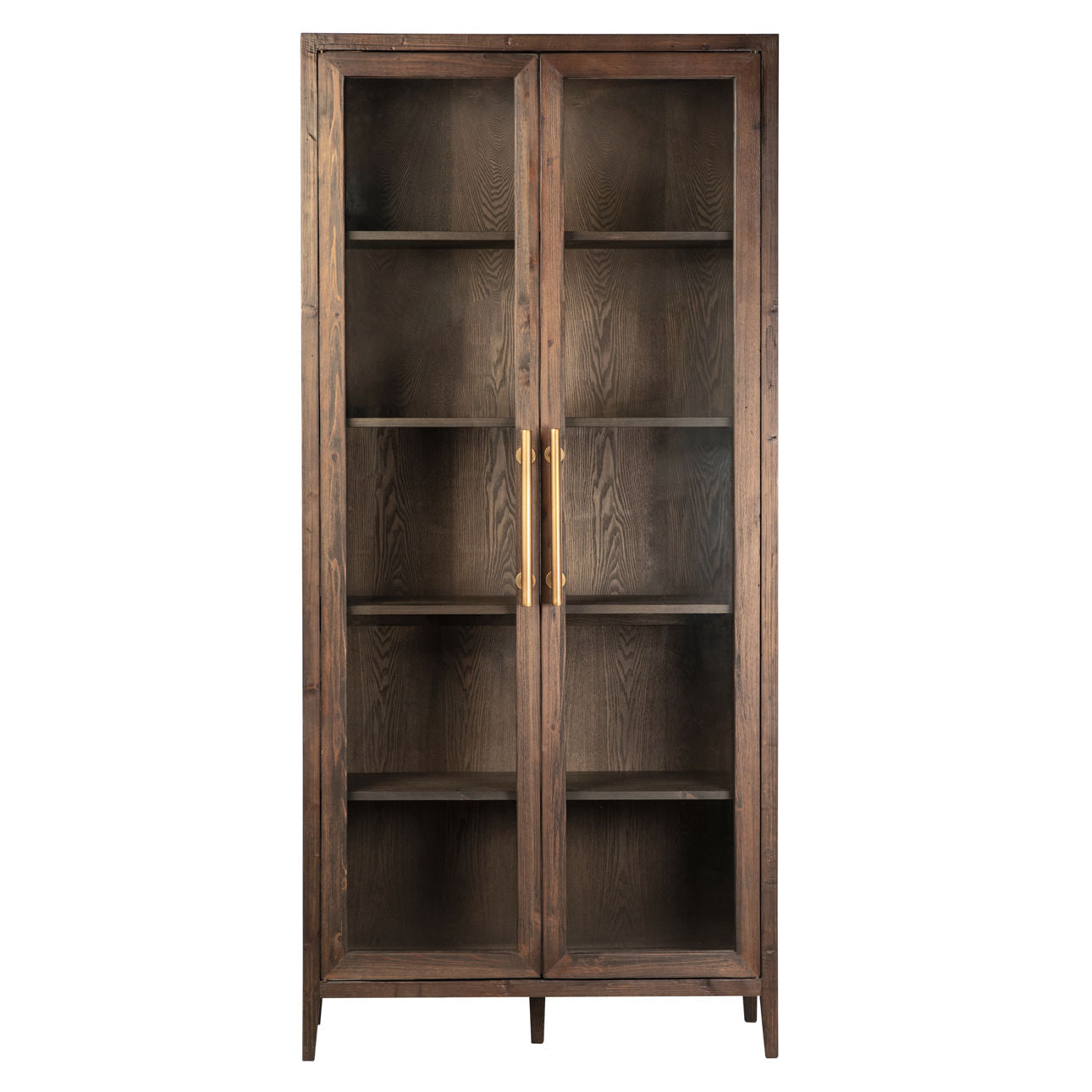 Dark Brown Stained and Sealed Finish Reclaimed Pine Wood and Glass Panel Doors Cabinet 43 in Wide