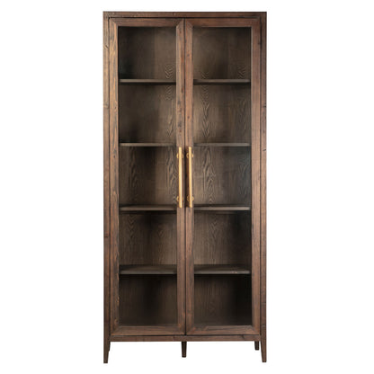 Dark Brown Stained and Sealed Finish Reclaimed Pine Wood and Glass Panel Doors Cabinet 43 in Wide