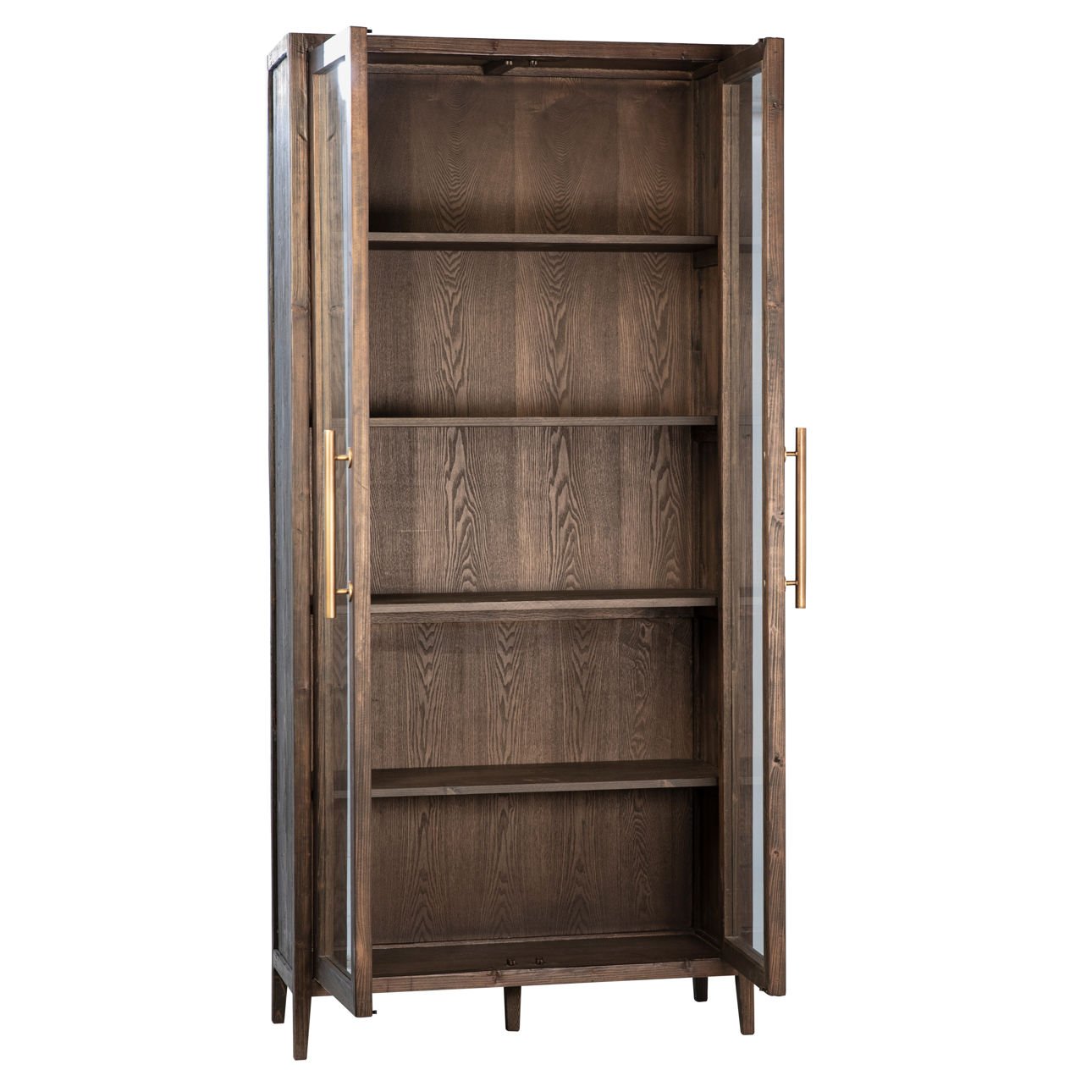 Dark Brown Stained and Sealed Finish Reclaimed Pine Wood and Glass Panel Doors Cabinet 43 in Wide