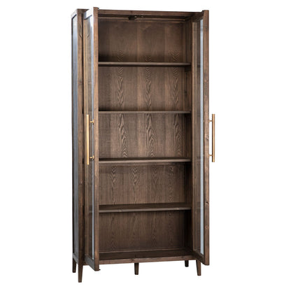 Dark Brown Stained and Sealed Finish Reclaimed Pine Wood and Glass Panel Doors Cabinet 43 in Wide
