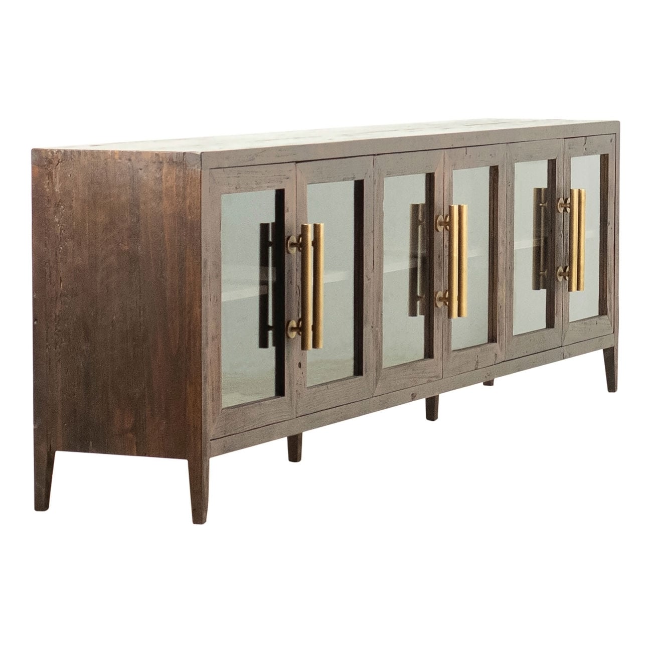 Dark Brown Sealed Finish Reclaimed Pine Wood with Glass Sideboard 108 in Wide