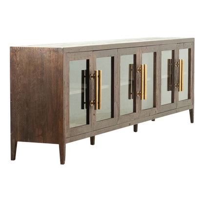 Dark Brown Sealed Finish Reclaimed Pine Wood with Glass Sideboard 108 in Wide