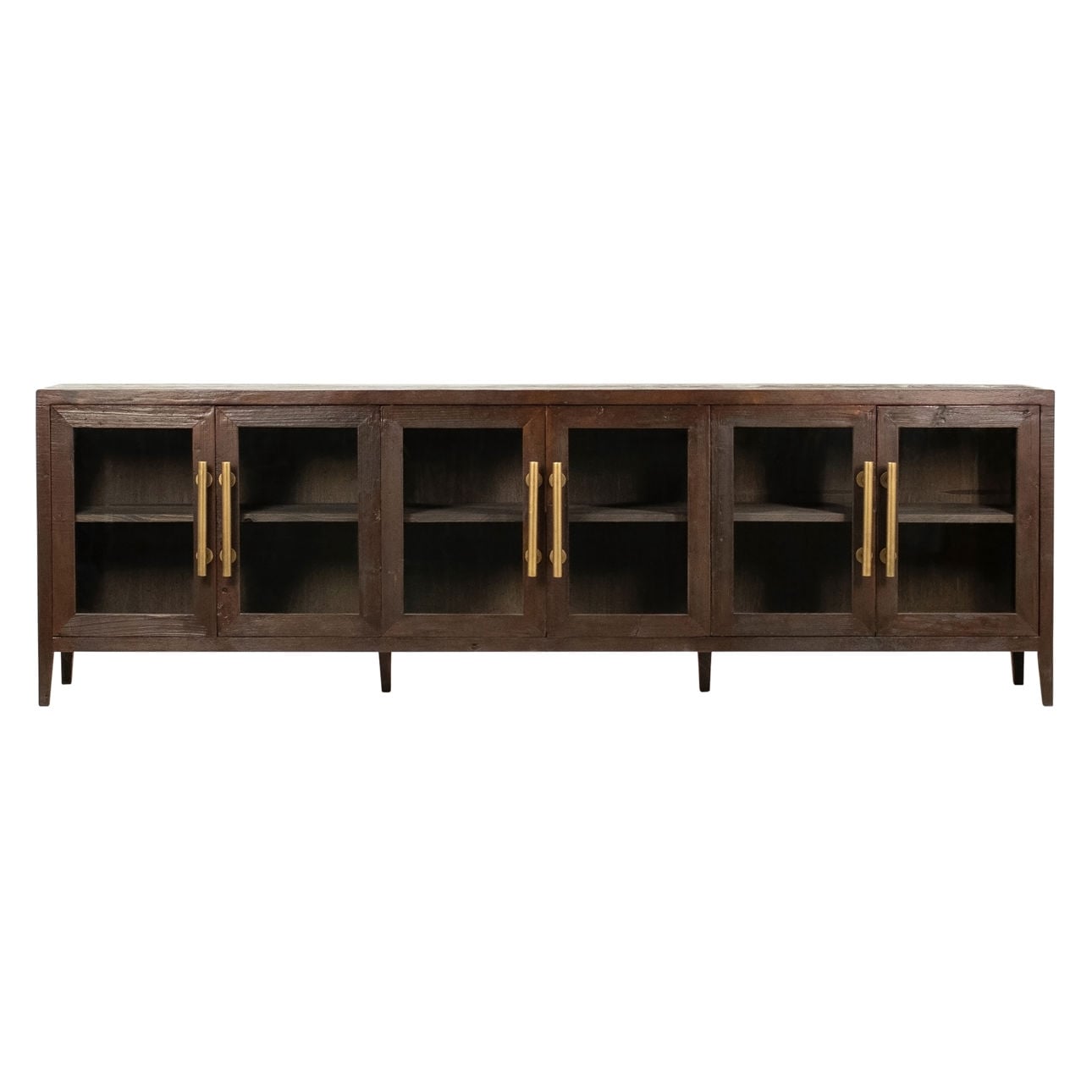 Dark Brown Sealed Finish Reclaimed Pine Wood with Glass Sideboard 108 in Wide