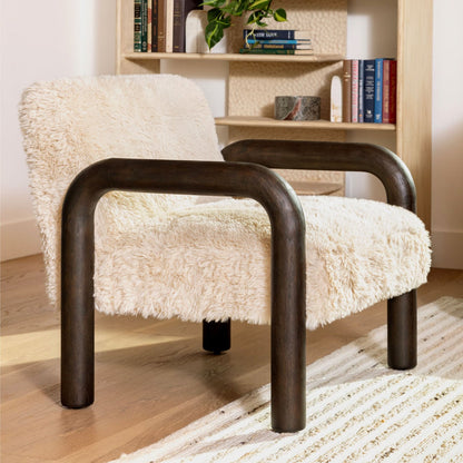 Sand and Dark Brown Faux Fur Fabric and Rubber Wood Chair 31.5 in Wide