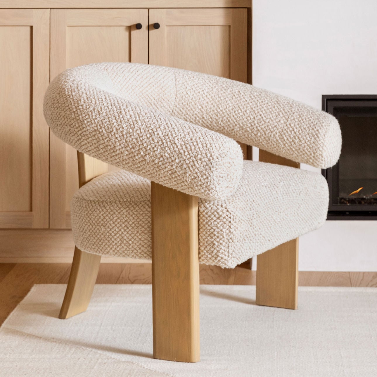 Cream and Natural Boucle Fabric and Ash Wood Chair 35 in Wide