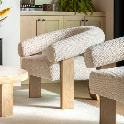 Cream and Natural Boucle Fabric and Ash Wood Chair 35 in Wide