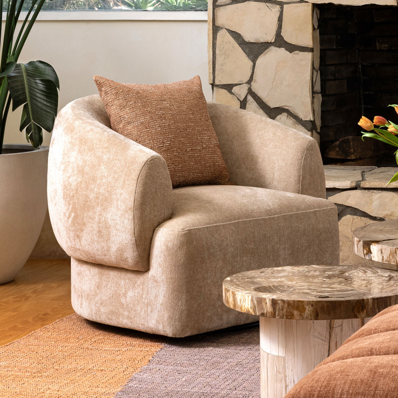 Jasper Sand Chenille Fabric and Rubber Wood Chair 37 in Wide