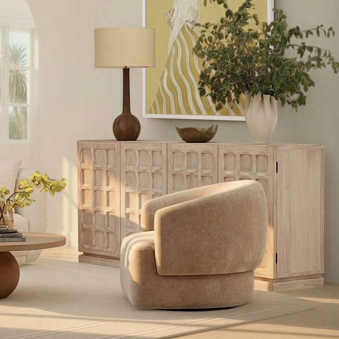 Jasper Sand Chenille Fabric and Rubber Wood Chair 37 in Wide