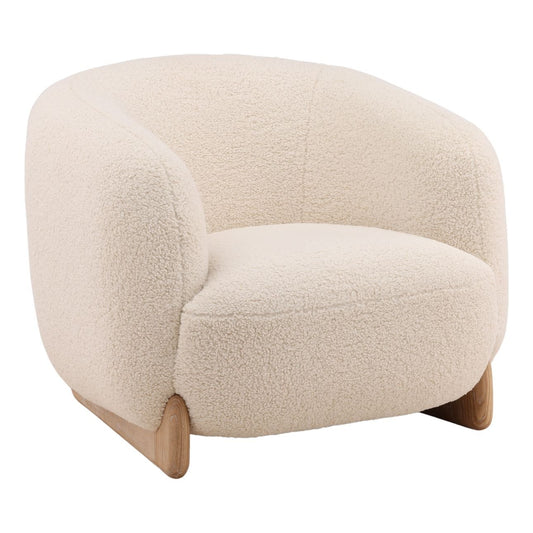 Cream and Light Natural Faux Sherpa Fabric and Elm Wood Chair 38 in Wide