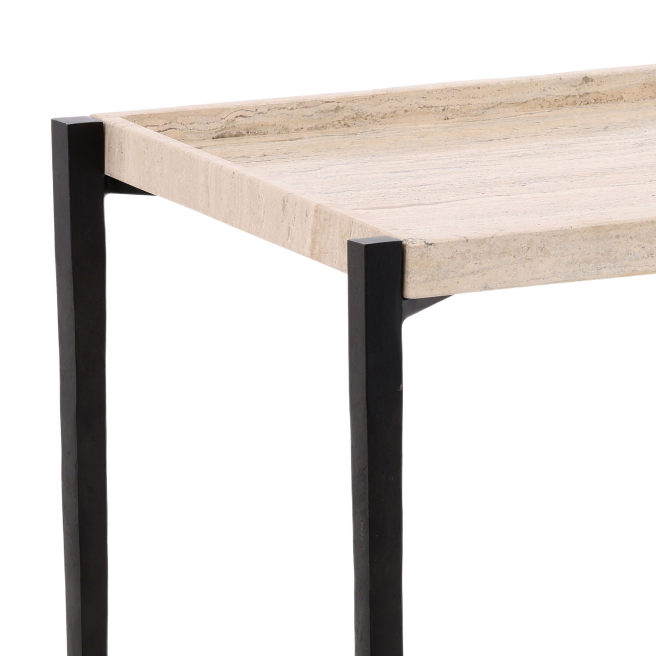 Natural and Black Travertine and Iron Table 22 in Wide