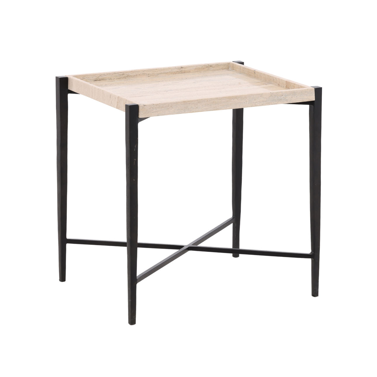 Natural and Black Travertine and Iron Table 22 in Wide