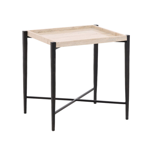 Natural and Black Travertine and Iron Table 22 in Wide