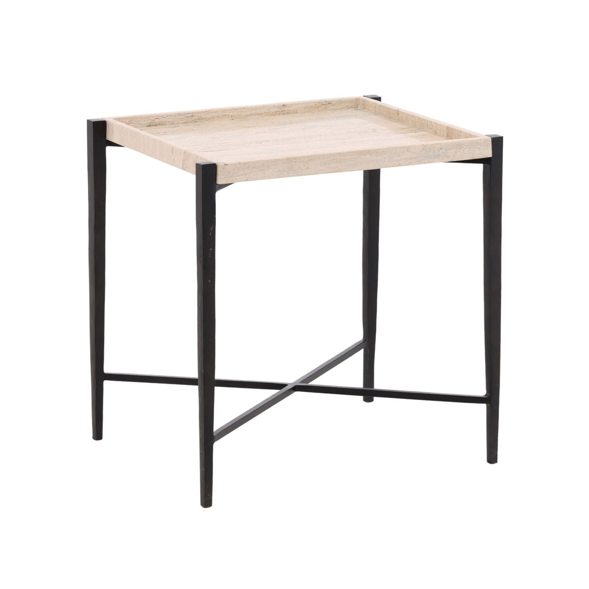Artisan Travertine and Iron Side Table