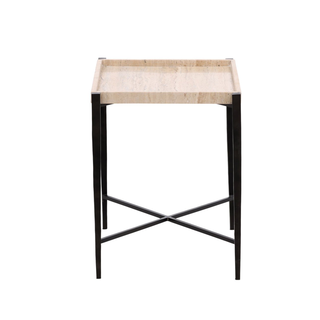 Natural and Black Travertine and Iron Table 22 in Wide