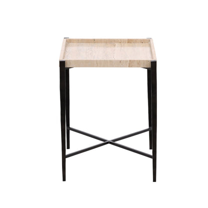 Artisan Travertine and Iron Side Table