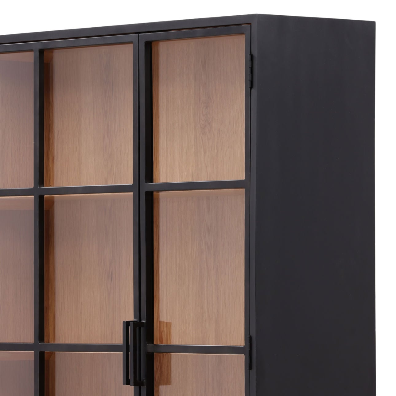Black and Natural Iron, Glass and Oak Veneer Cabinet 48 in Wide