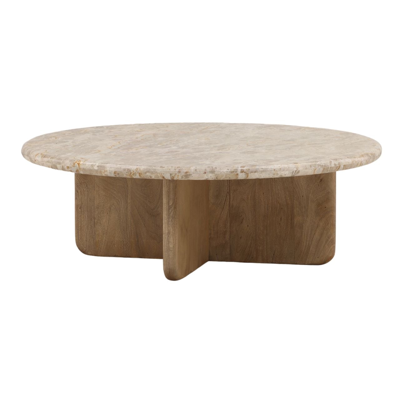 Beige and Natural Tendu Marble and Mango Wood Table 48 in Wide