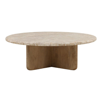 Beige and Natural Tendu Marble and Mango Wood Table 48 in Wide