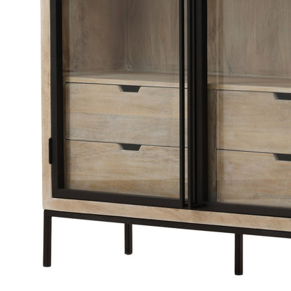 Natural and Black Mango Wood, Iron and Glass Cabinet 48 in Wide