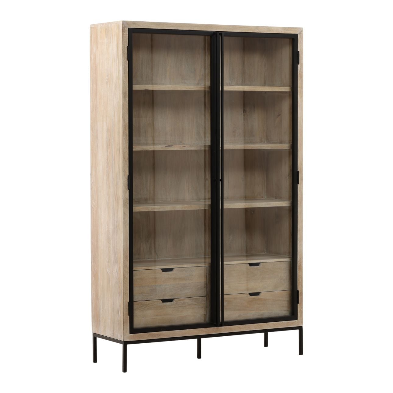 Natural and Black Mango Wood, Iron and Glass Cabinet 48 in Wide
