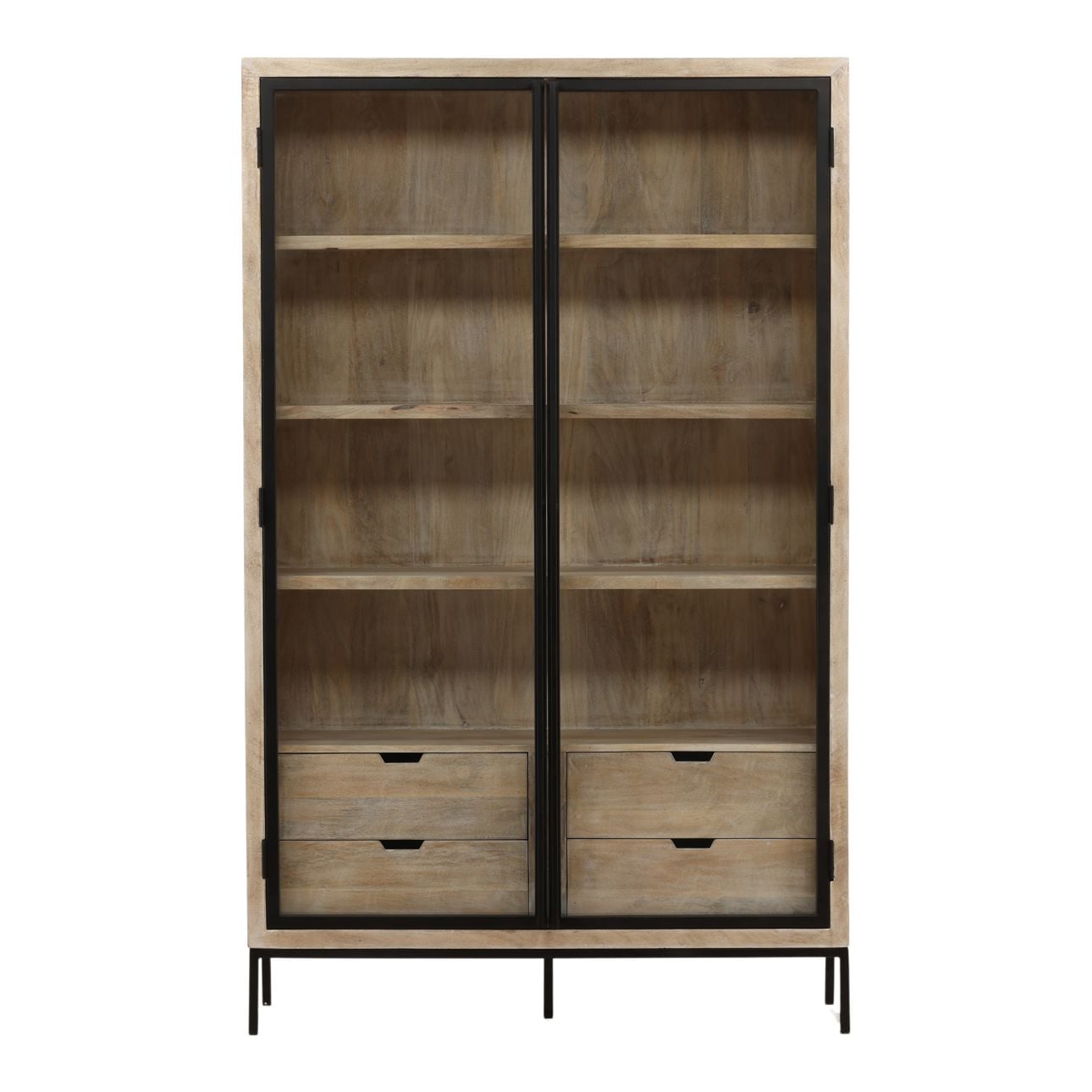 Natural and Black Mango Wood, Iron and Glass Cabinet 48 in Wide